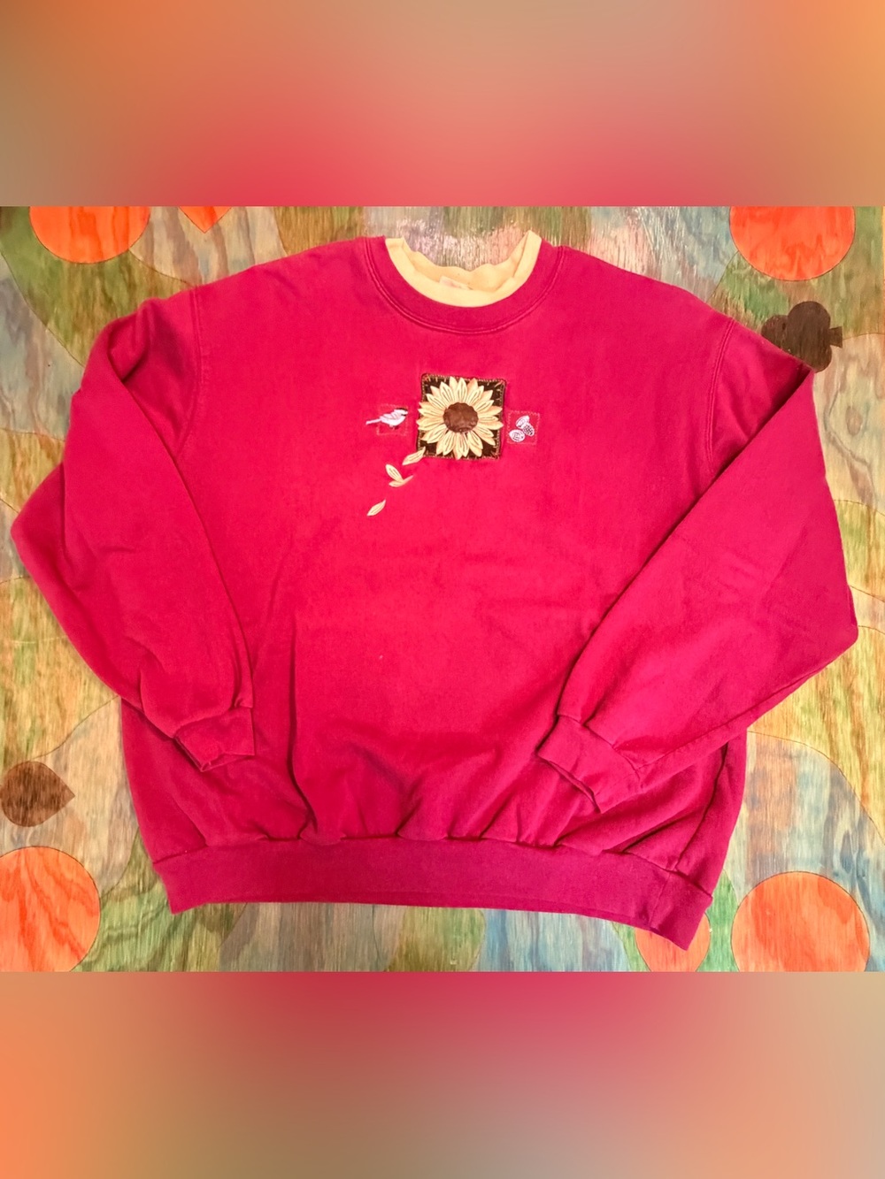 Vintage Top Stitch Sunflower Bird Red Sweatshirt Womans Size XL Pullover Long Sl